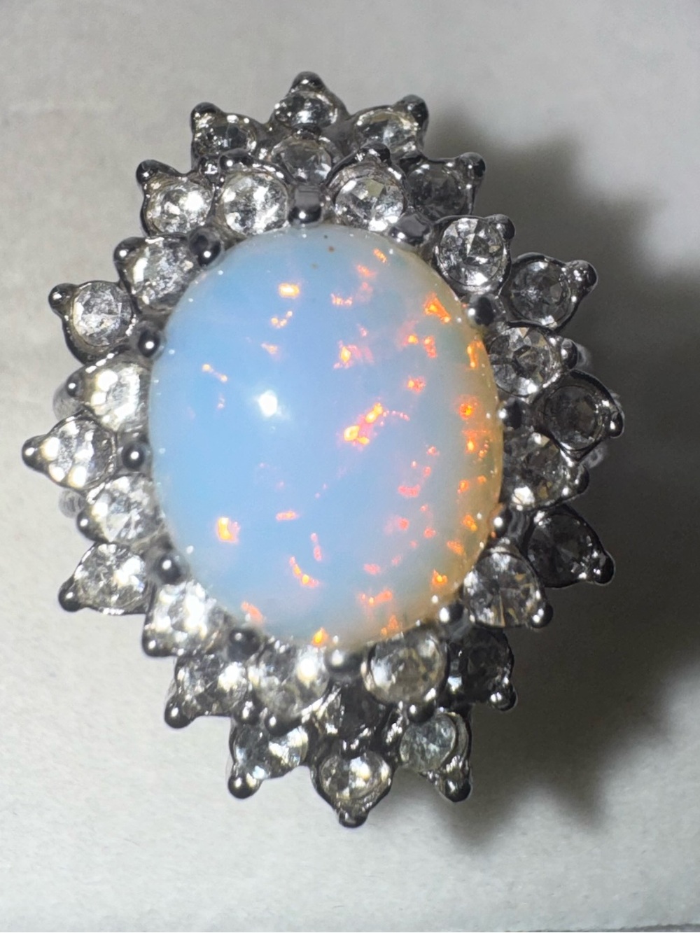 Vintage Style Fire Opal Starburst Halo Ring Silver Tone Untested Size 7